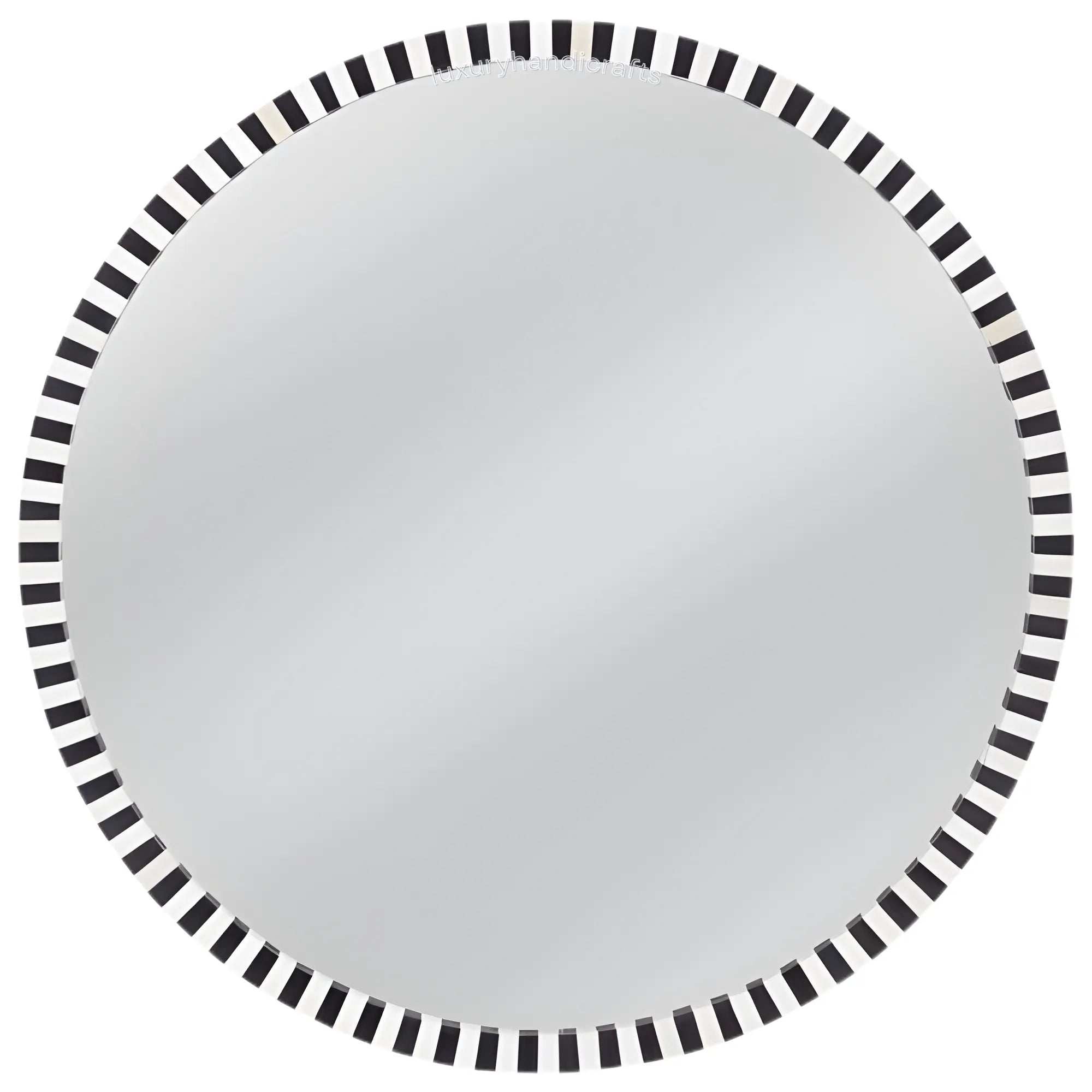 Round mirror with a black and white striped border on a white background