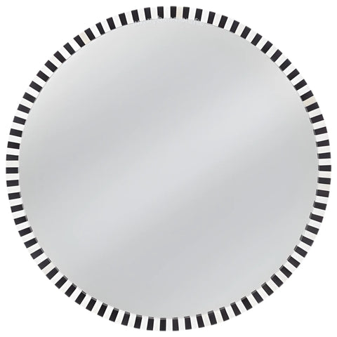 Round mirror with a black and white striped border on a white background