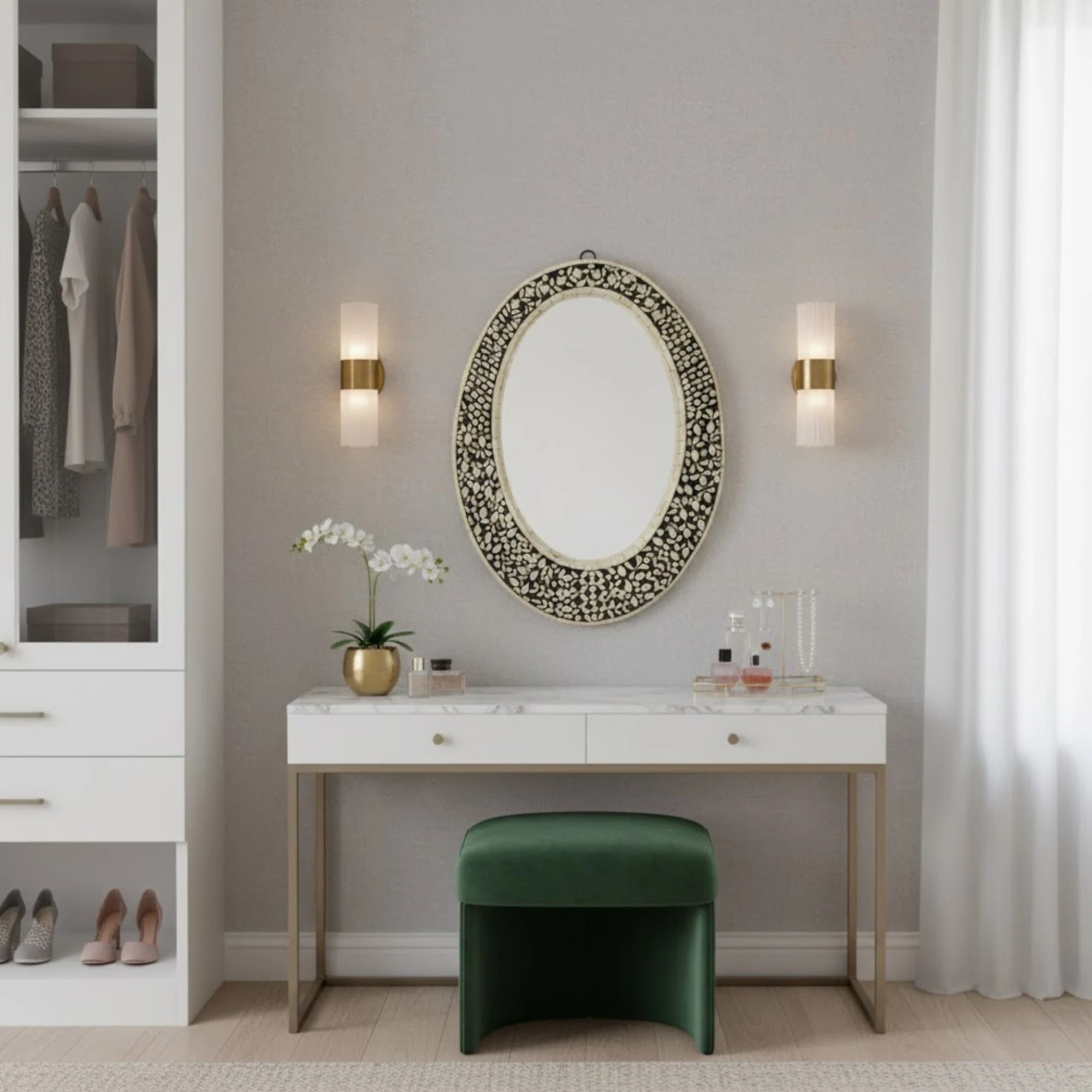 Modern bedroom with a vanity table, mirror, and green stool.