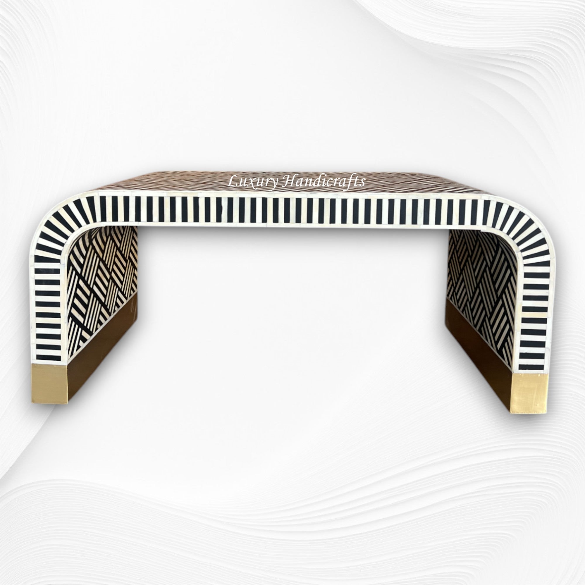 Optical Waterfall Bone Inlay Coffee Table Black Brass Base 3