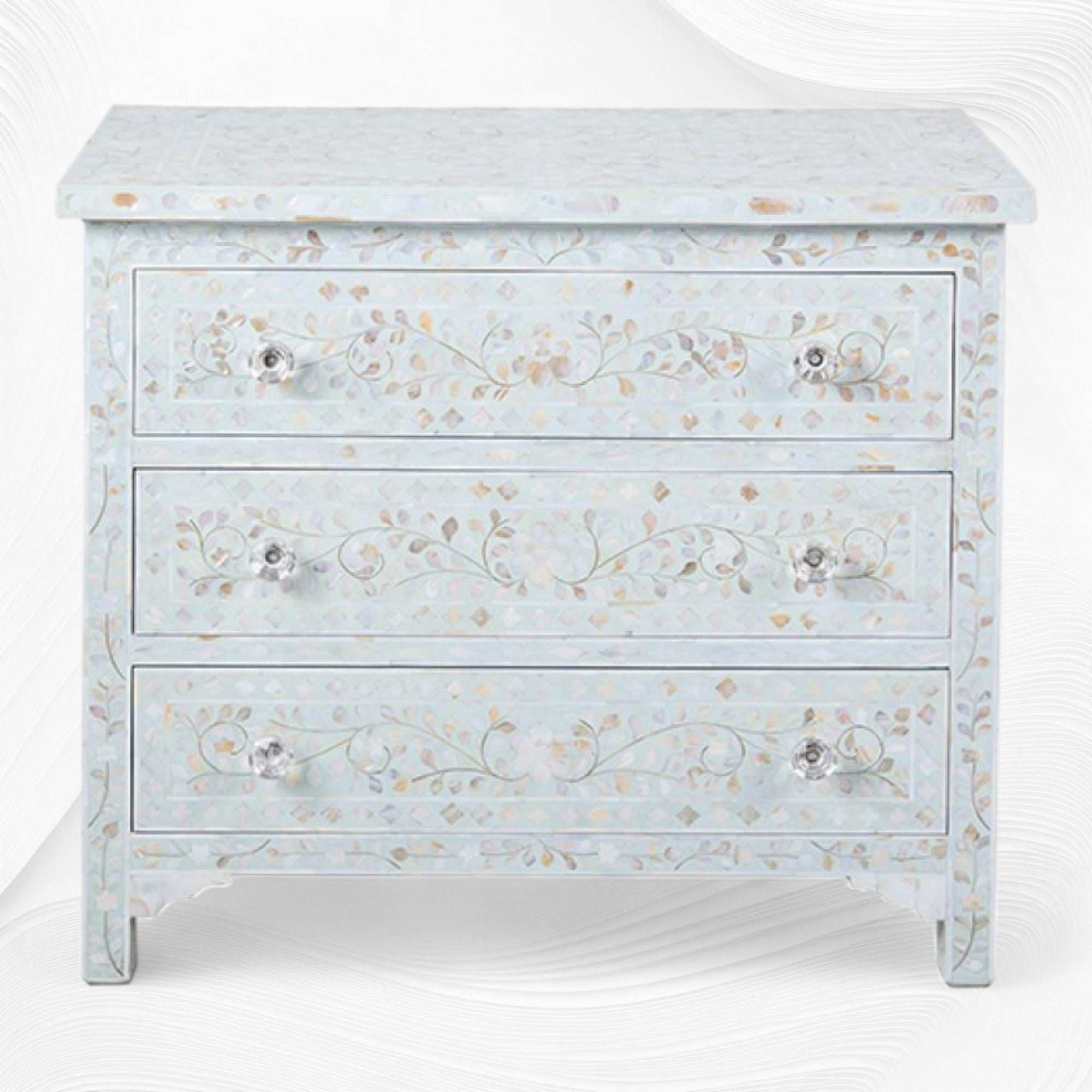 Pale Blue Mother Of Pearl Inlay 3 Drawer Chest Floral