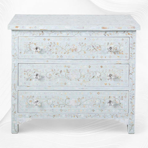 Pale Blue Mother Of Pearl Inlay 3 Drawer Chest Floral