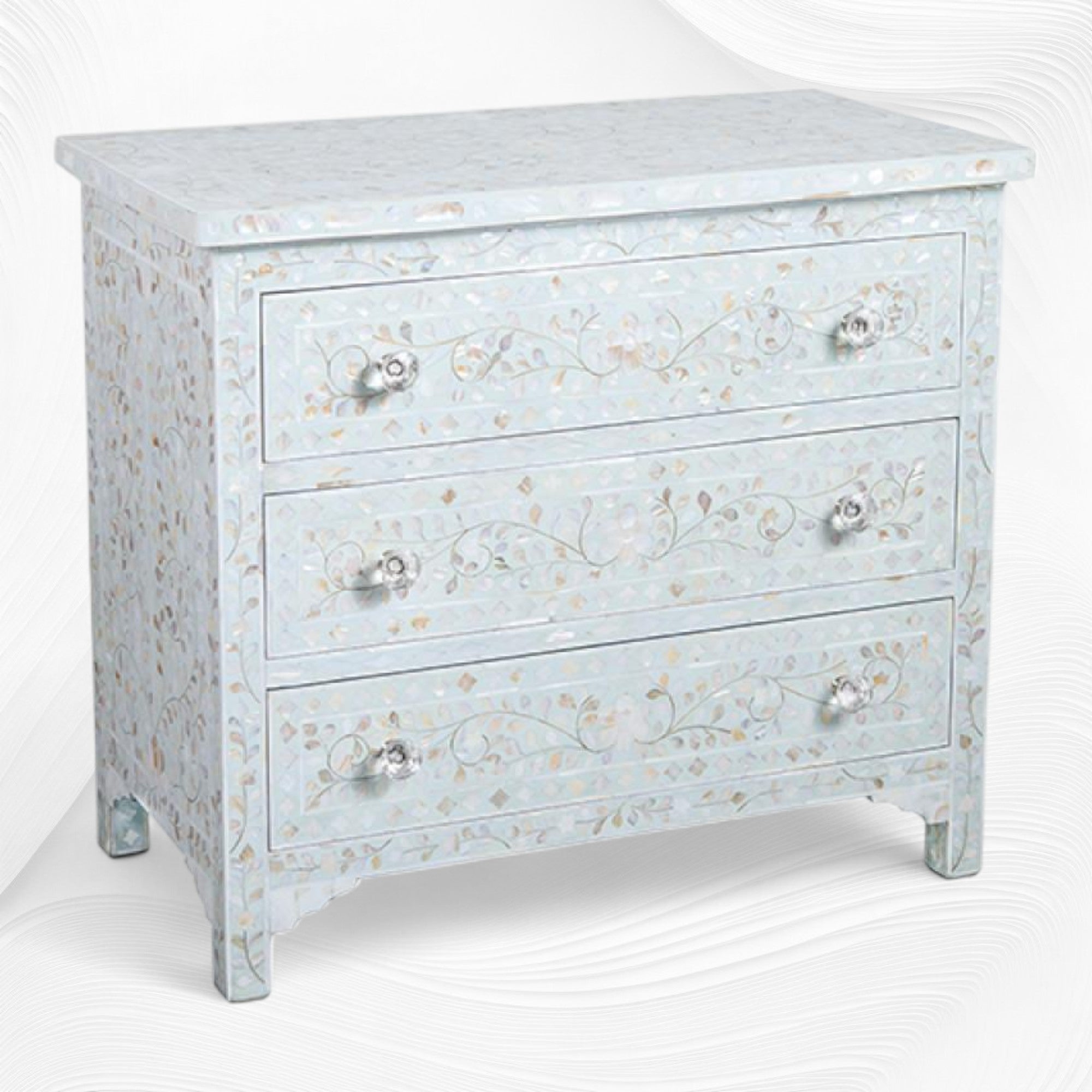 Pale Blue Mother Of Pearl Inlay 3 Drawer Chest Floral 1