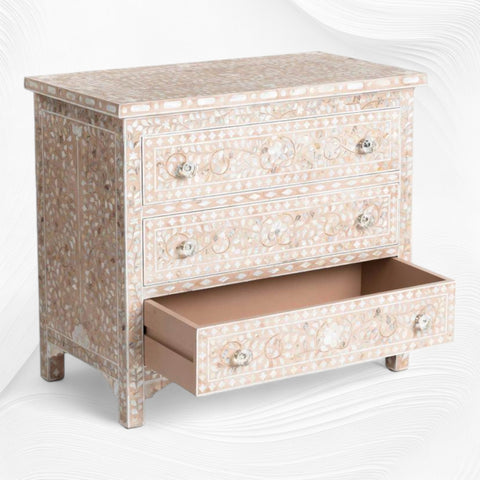 Pale Pink Mother Of Pearl Inlay 3 Drawer Chest Floral 2