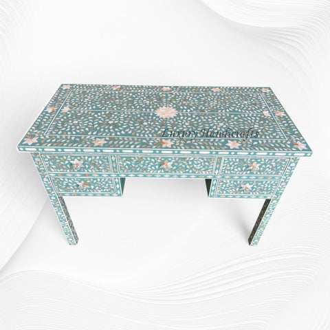 Pastel Turquoise Mother of Pearl Inlay 5 Drawer Desk 5