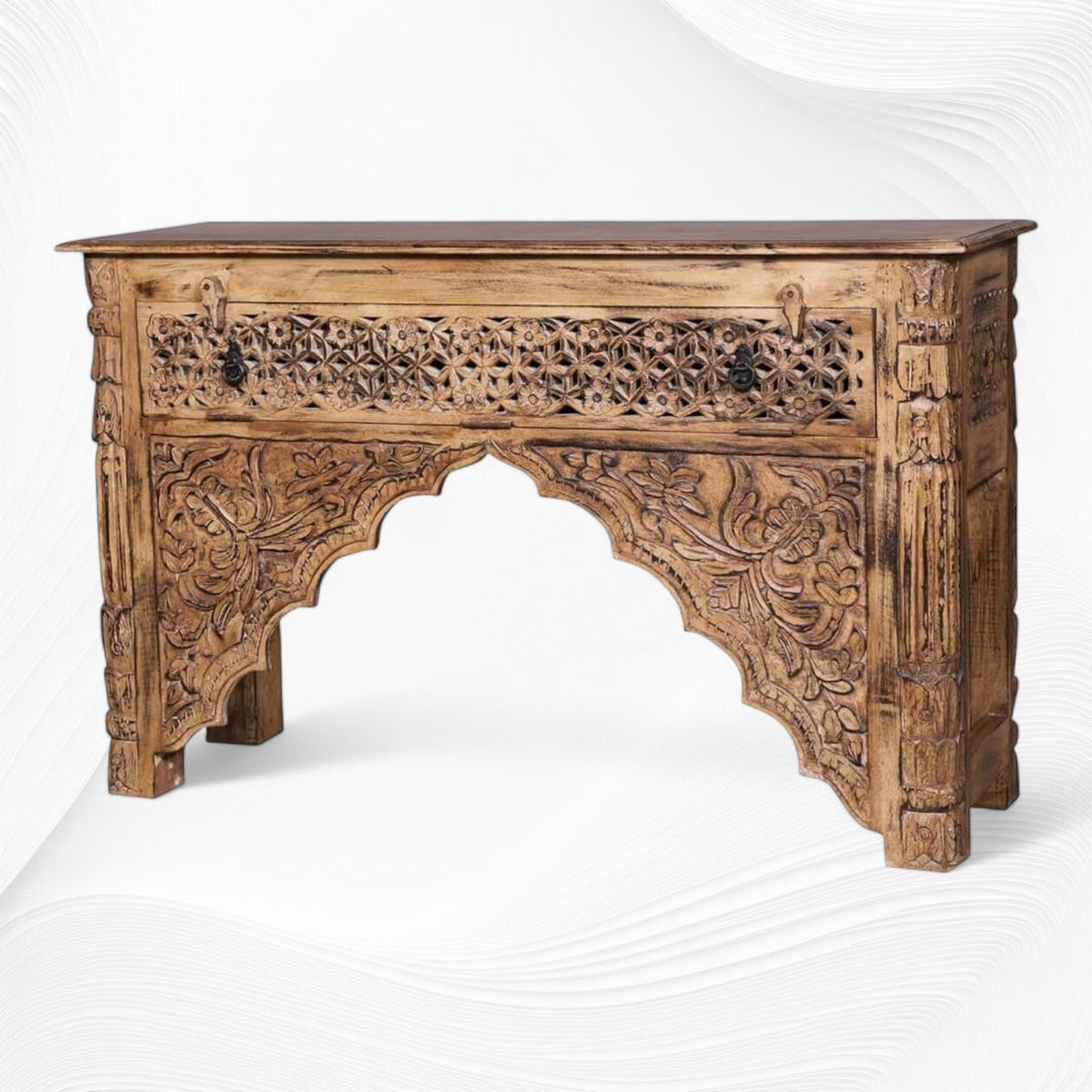 Reclaimed Wood Hand Carved Console Table 1