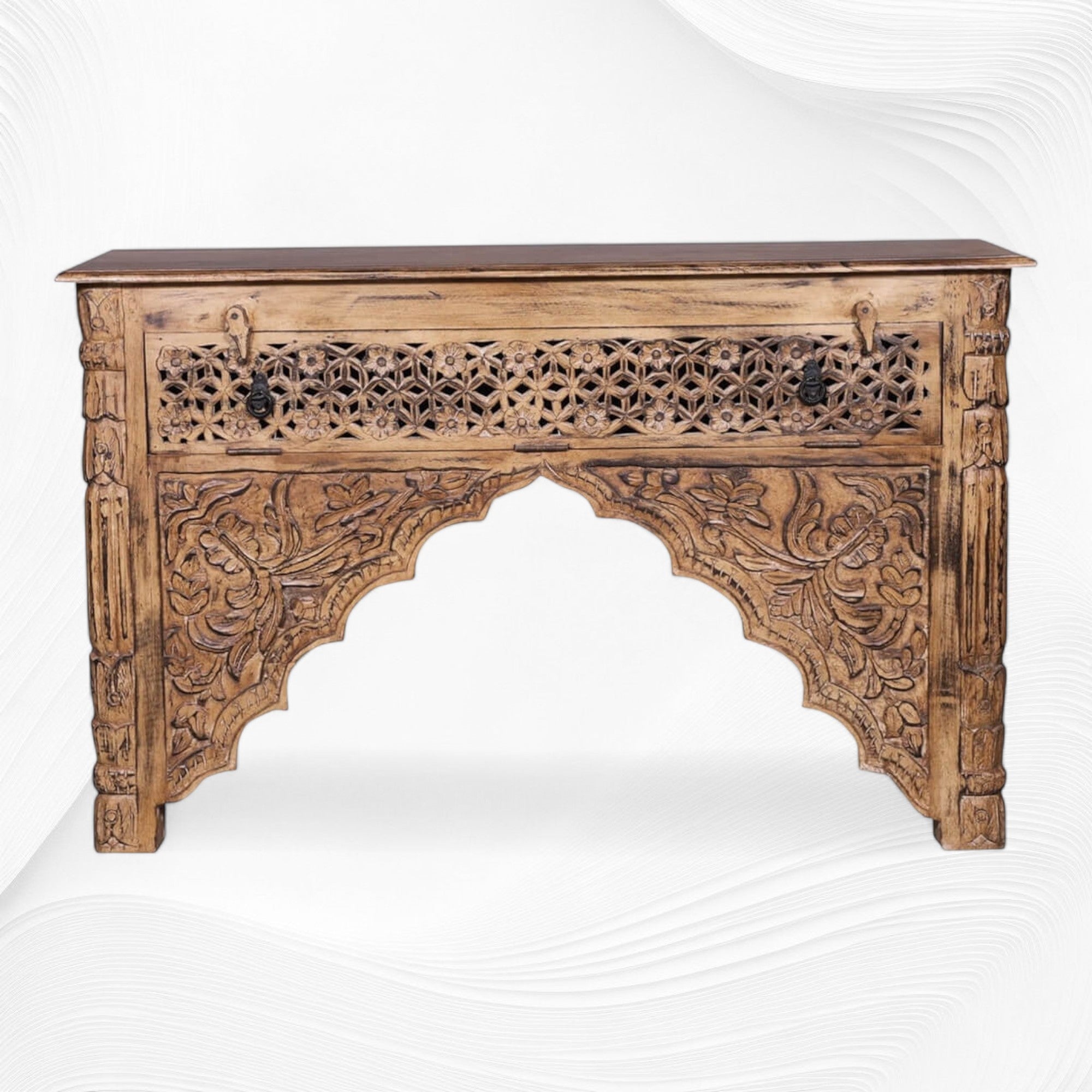 Reclaimed Wood Hand Carved Console Table 2