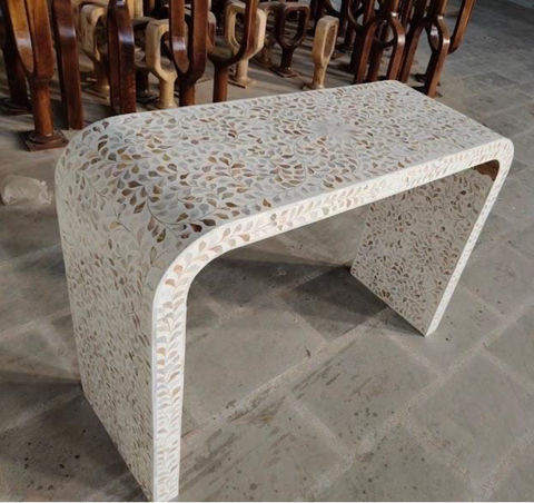 Floral MOP Inlay Waterfall 2 Drawers Console White