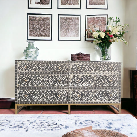 Scroll Vine Bone Inlay 6 Drawer Dresser Black 1