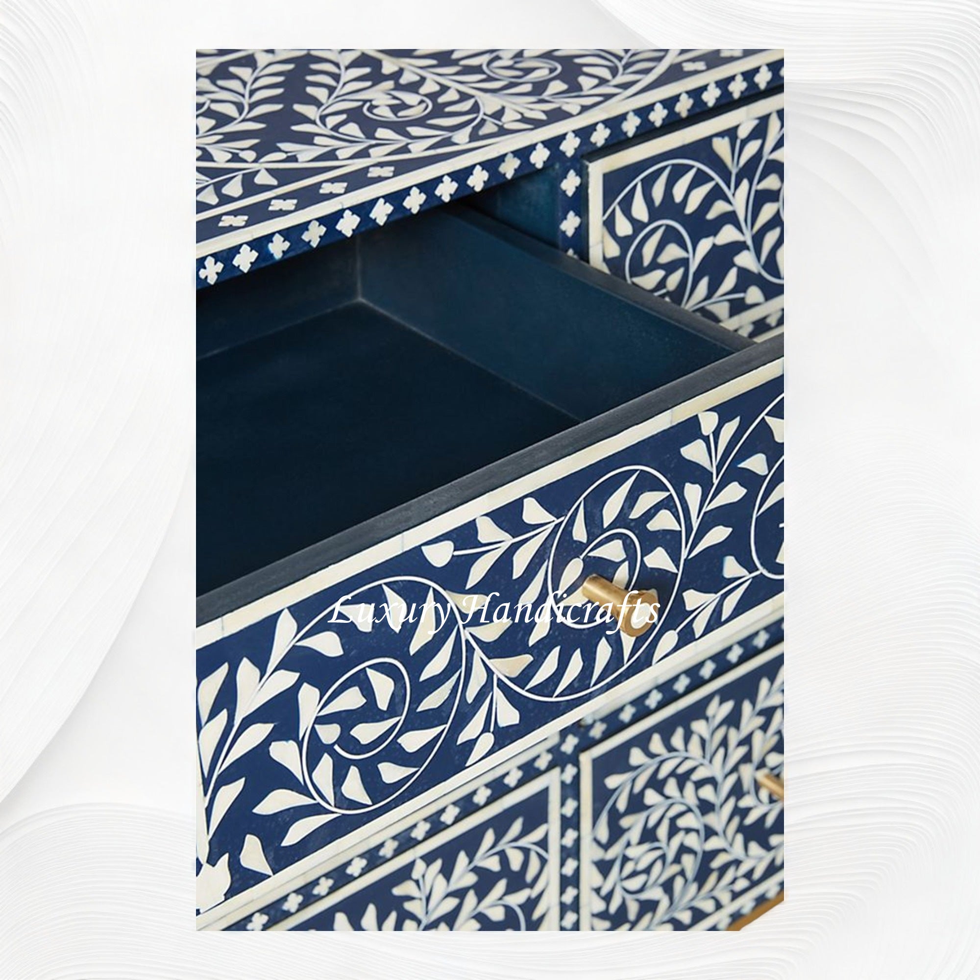 Scroll Vine Bone Inlay 6 Drawer Dresser Blue 4