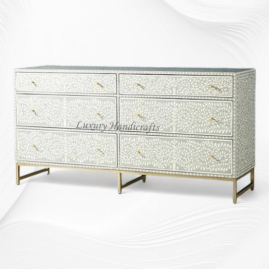 Scroll Vine Bone Inlay 6 Drawer Dresser Grey 2