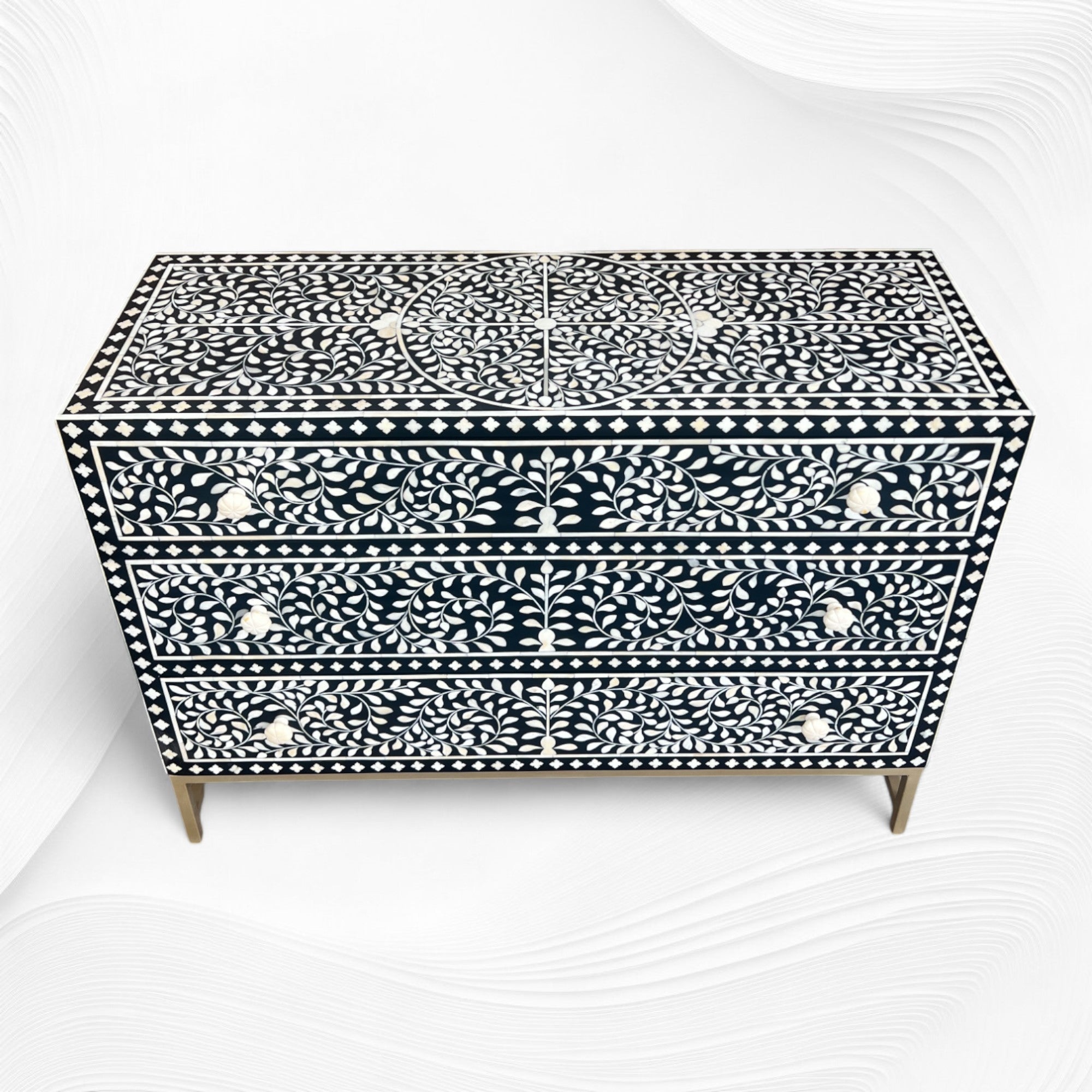 Scroll Vine Bone Inlay Chest of 3 Drawers Black 5