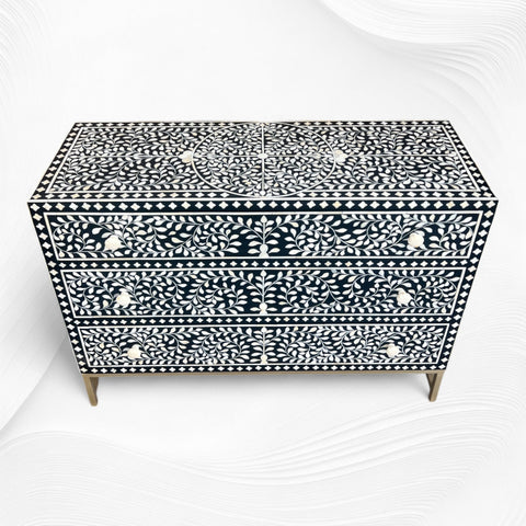 Scroll Vine Bone Inlay Chest of 3 Drawers Black 5