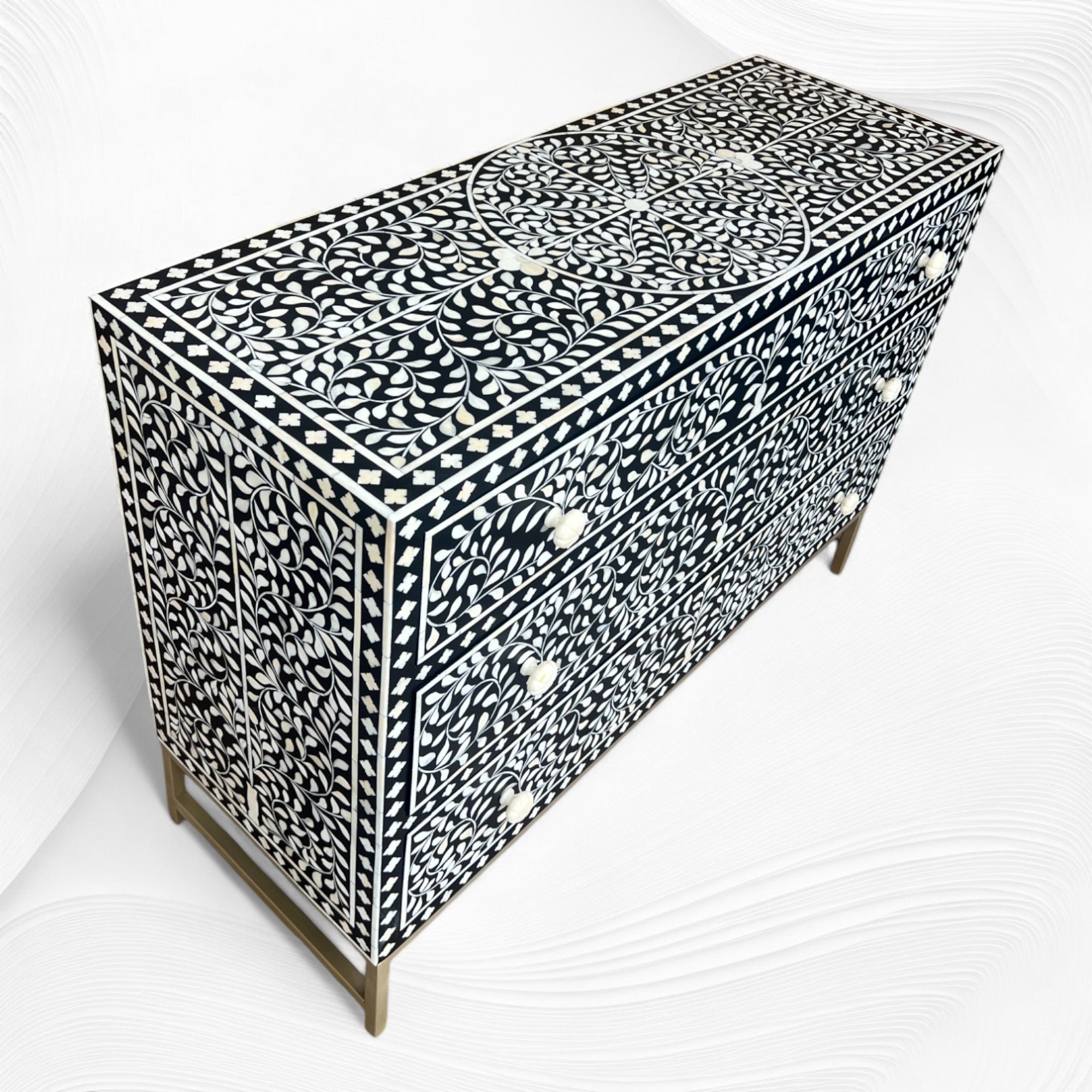 Scroll Vine Bone Inlay Chest of 3 Drawers Black 2