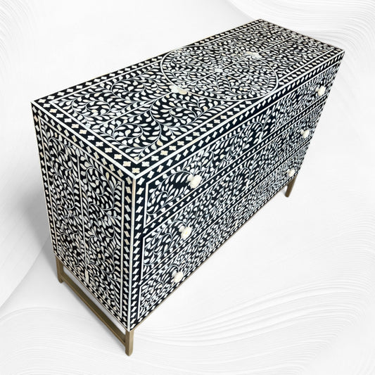 Scroll Vine Bone Inlay Chest of 3 Drawers Black 2