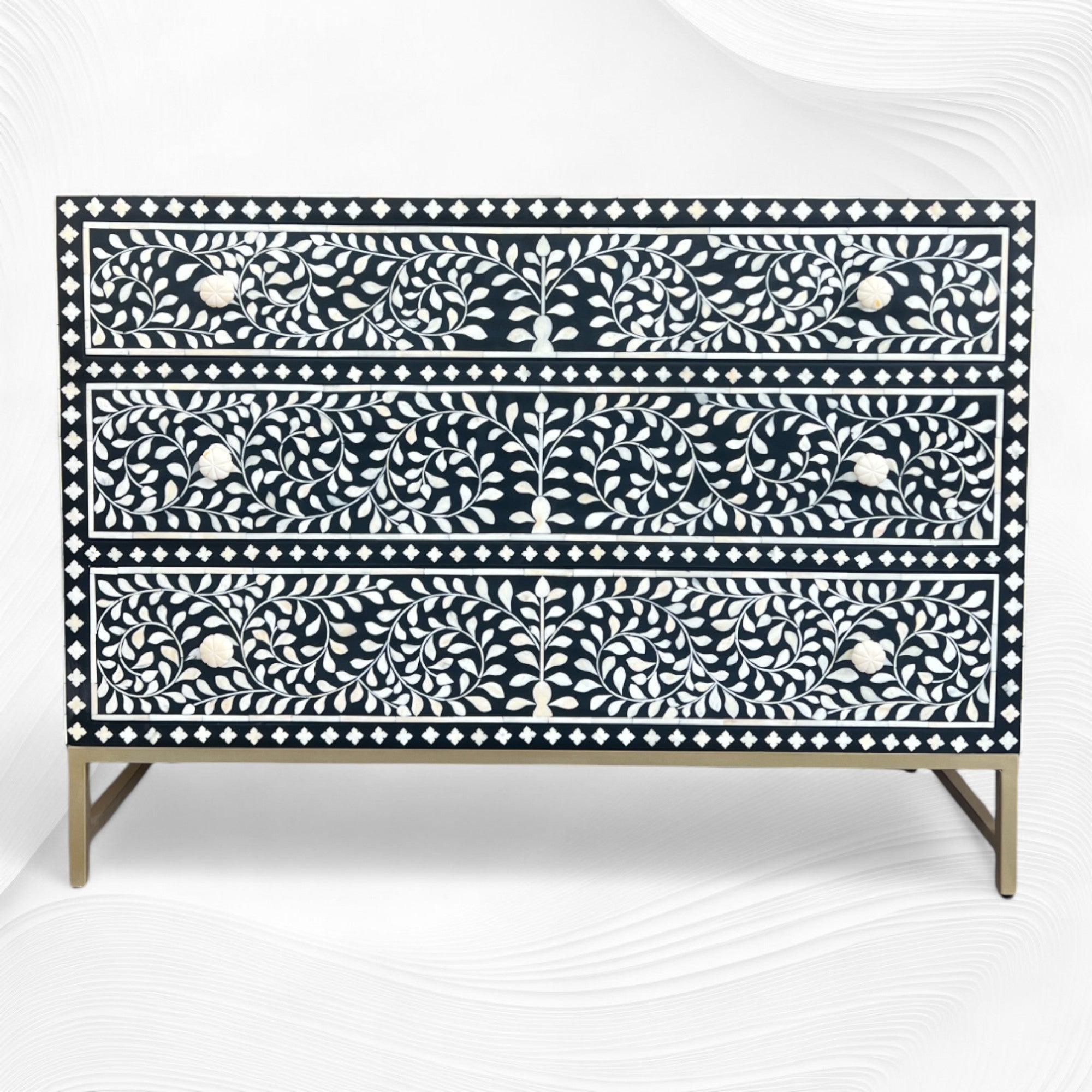 Scroll Vine Bone Inlay Chest of 3 Drawers Black 6