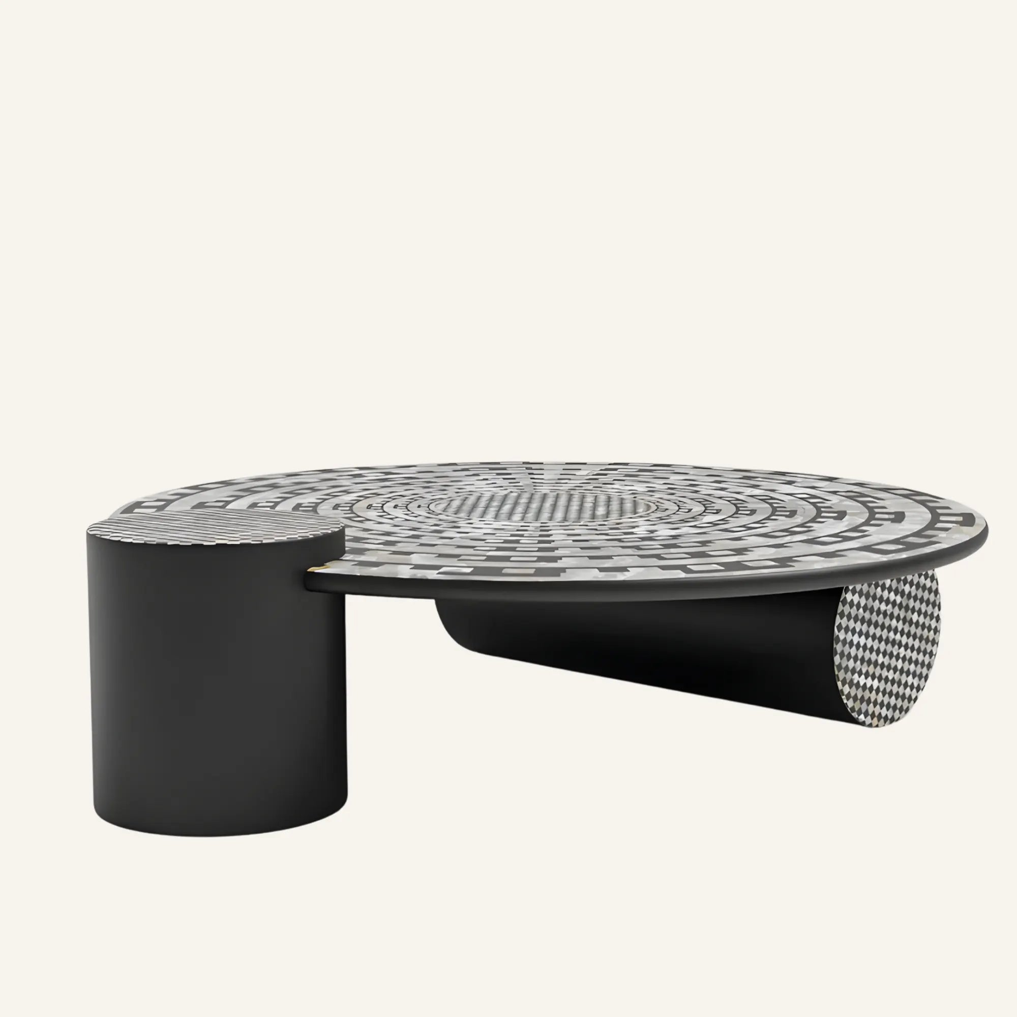 Modern coffee table with a black base and patterned top on a white background