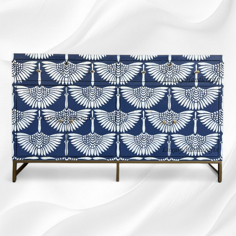 Swan Mother of Pearl Inlay Bar Cabinet Glass Navy Blue 7