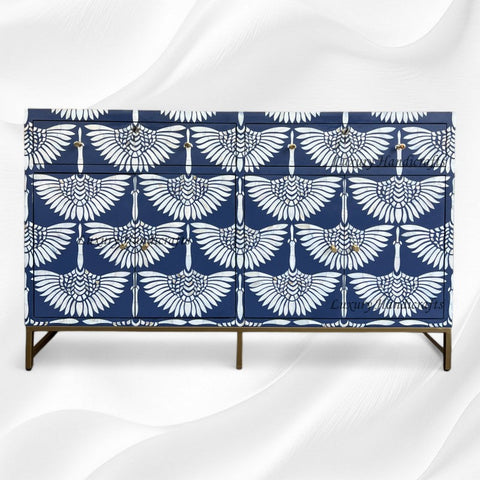 Swan Mother of Pearl Inlay Bar Cabinet Glass Navy Blue 7