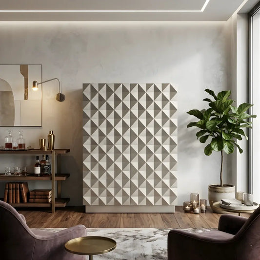 Modern geometric meta bar cabinet with 3D patterned doors in luxury living room interior.