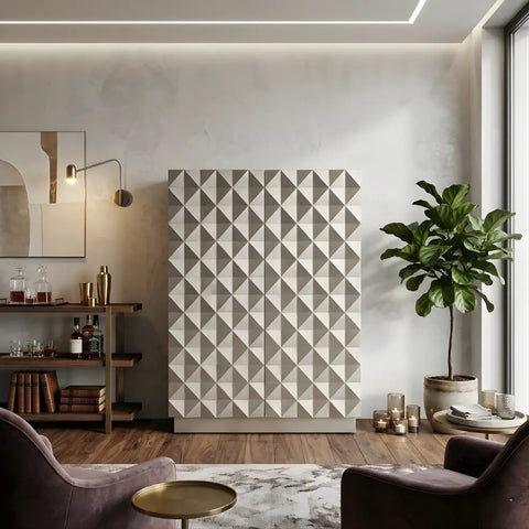 Modern geometric meta bar cabinet with 3D patterned doors in luxury living room interior.