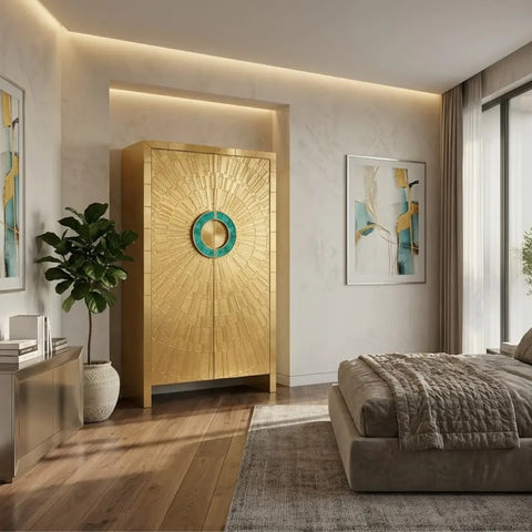 Talitha brass almirah with sunburst design in luxury modern bedroom interior.