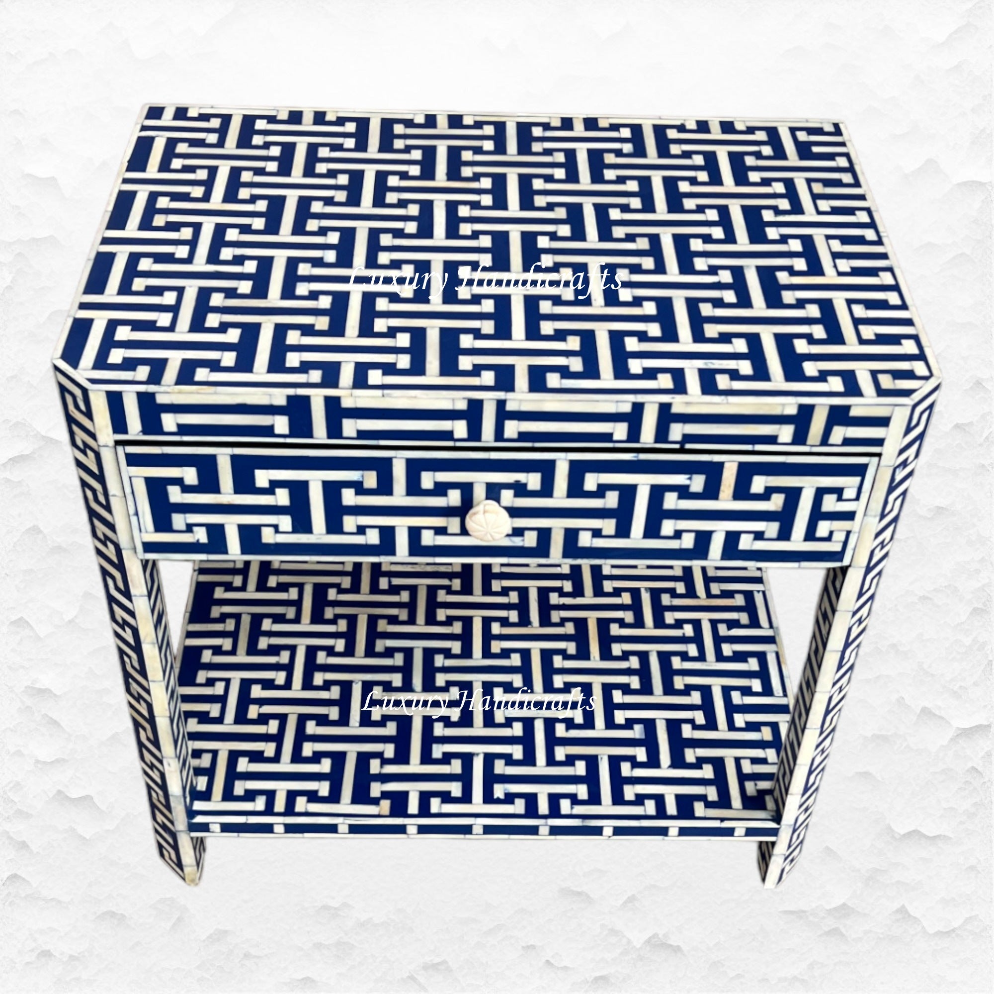 Tetris patterned bedside table in indigo with one drawer and shelf
