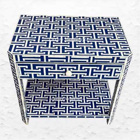 Tetris patterned bedside table in indigo with one drawer and shelf