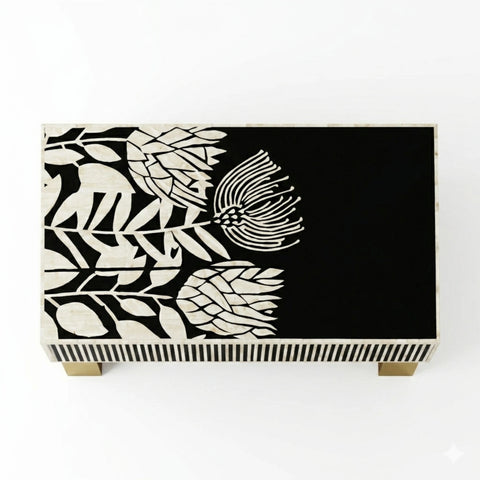 Black and white patterned box on a white background