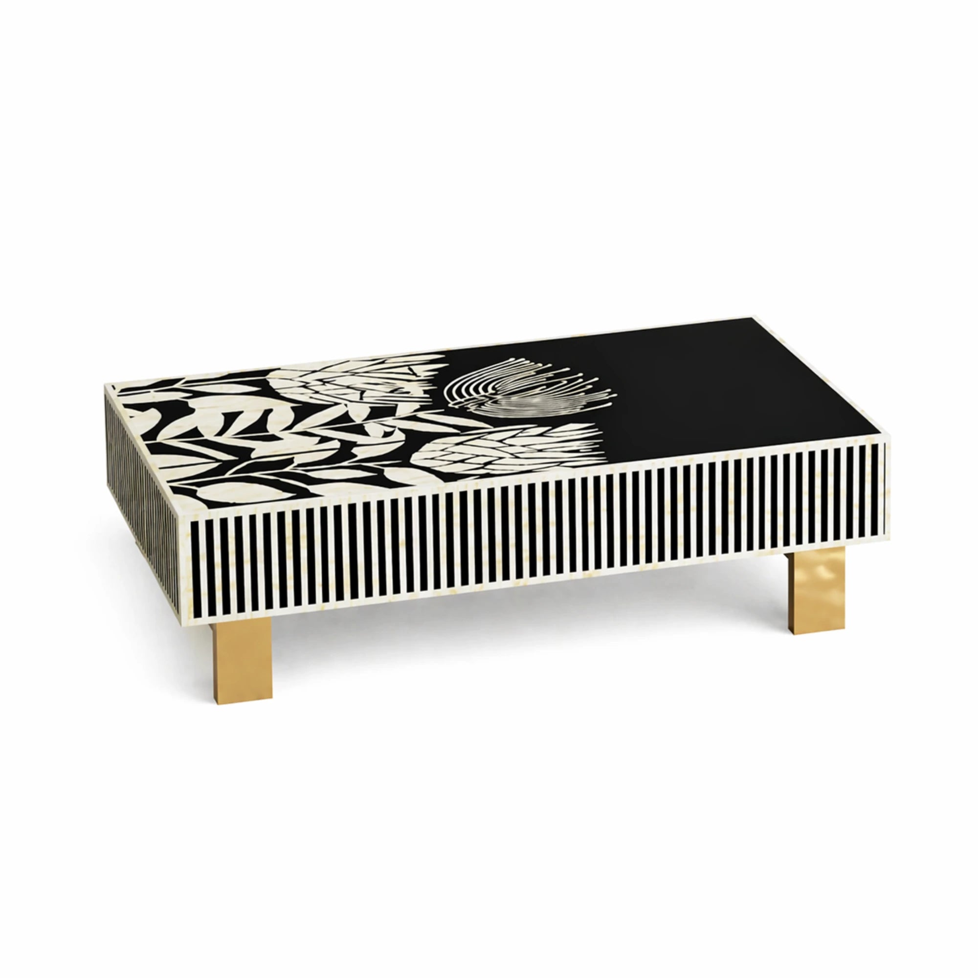 Coffee table with black and white abstract design on a white background