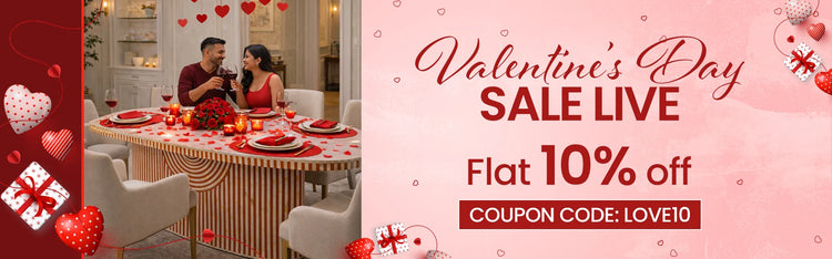 Valentine's Day sale on furniture with a couple at a decorated table.