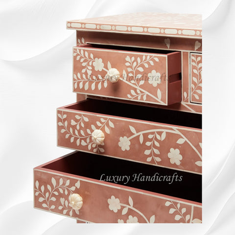 Bone Inlay Modern Floral Chest of Drawers Terracotta