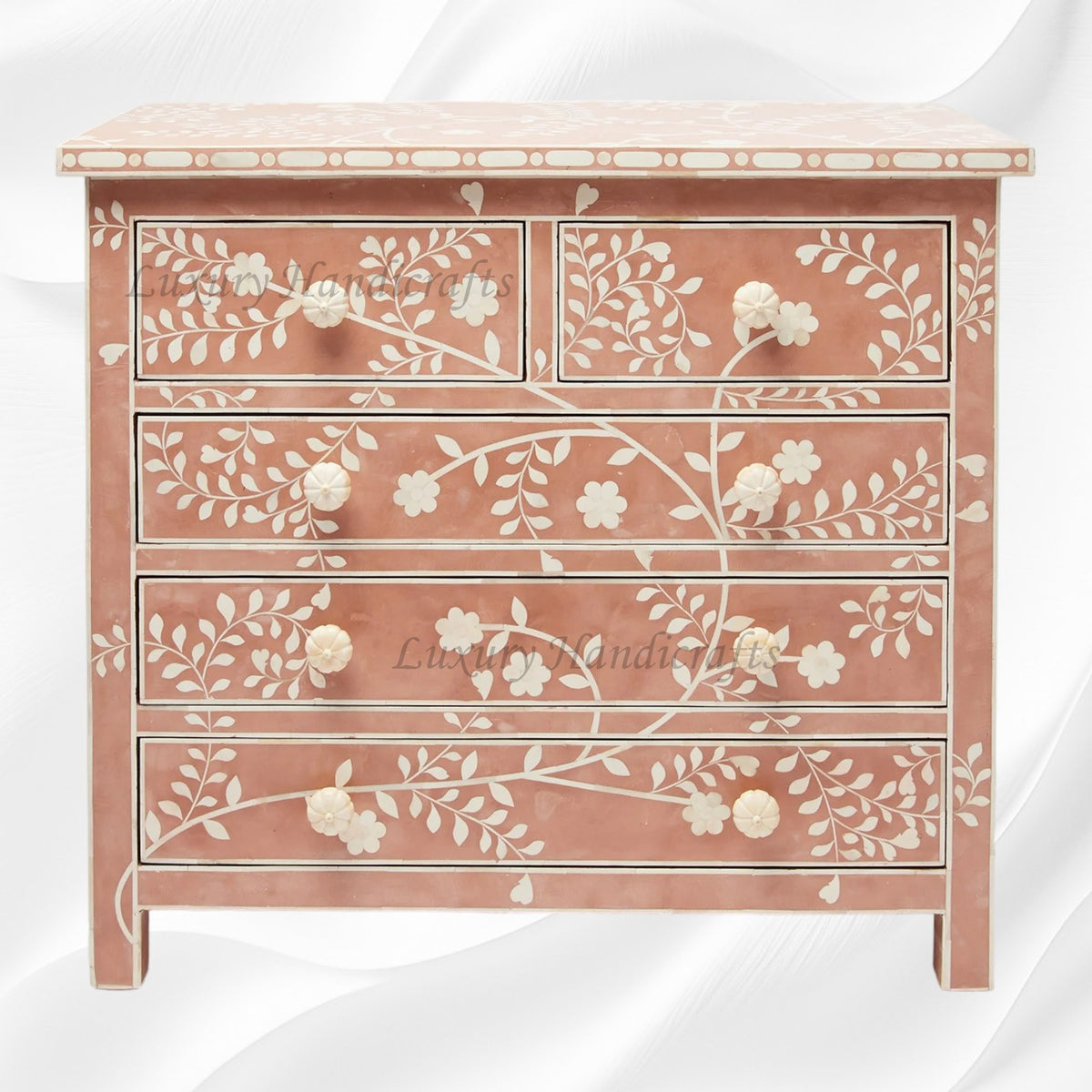 Bone Inlay Modern Floral Chest of Drawers Terracotta