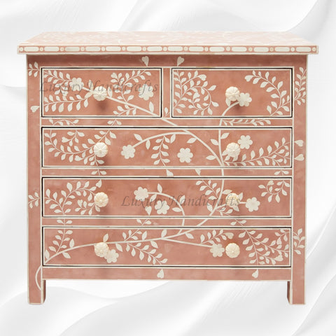 Bone Inlay Modern Floral Chest of Drawers Terracotta