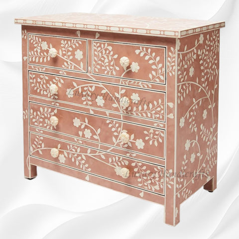 Bone Inlay Modern Floral Chest of Drawers Terracotta