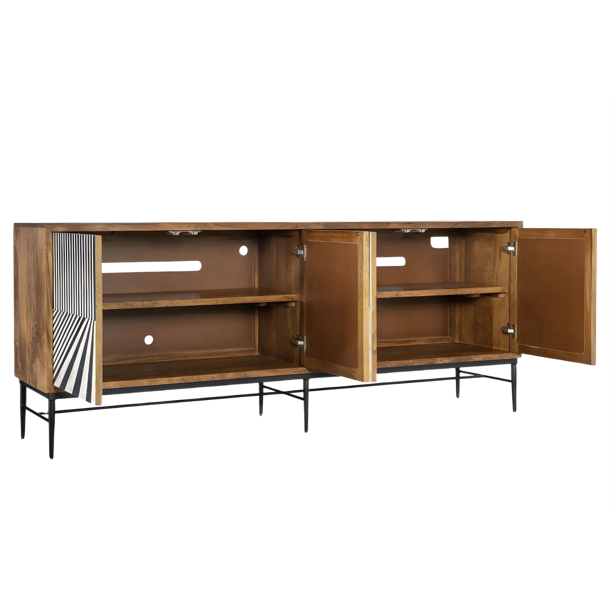 Wooden cabinet with open doors on a white background