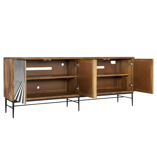 Wooden cabinet with open doors on a white background