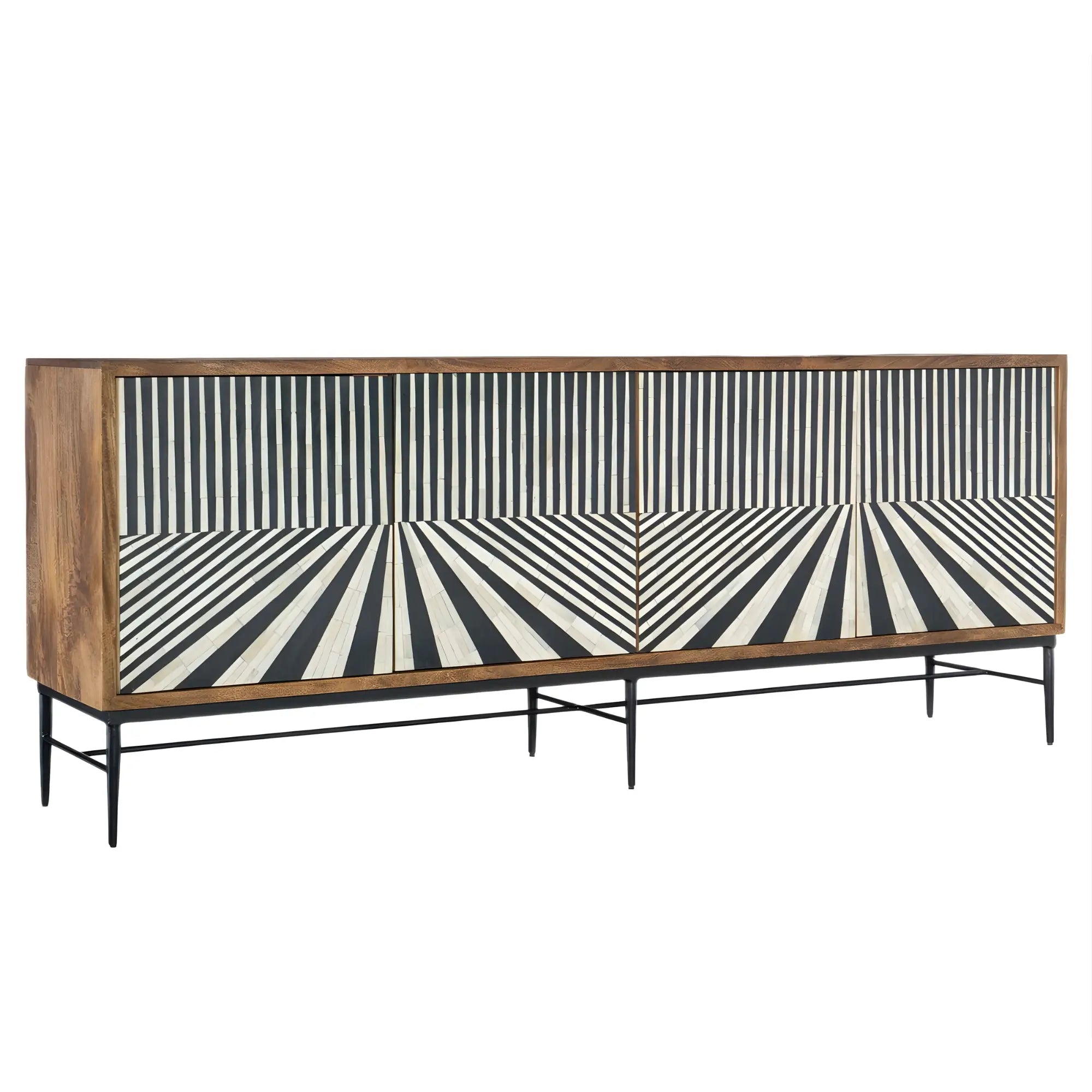 Cabinet with a wooden frame and black and white striped pattern on a white background