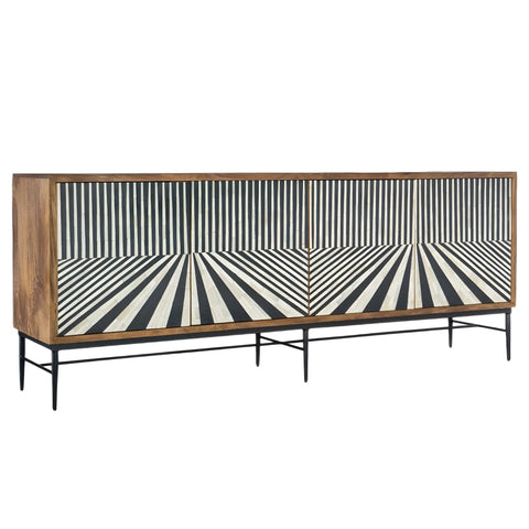 Cabinet with a wooden frame and black and white striped pattern on a white background