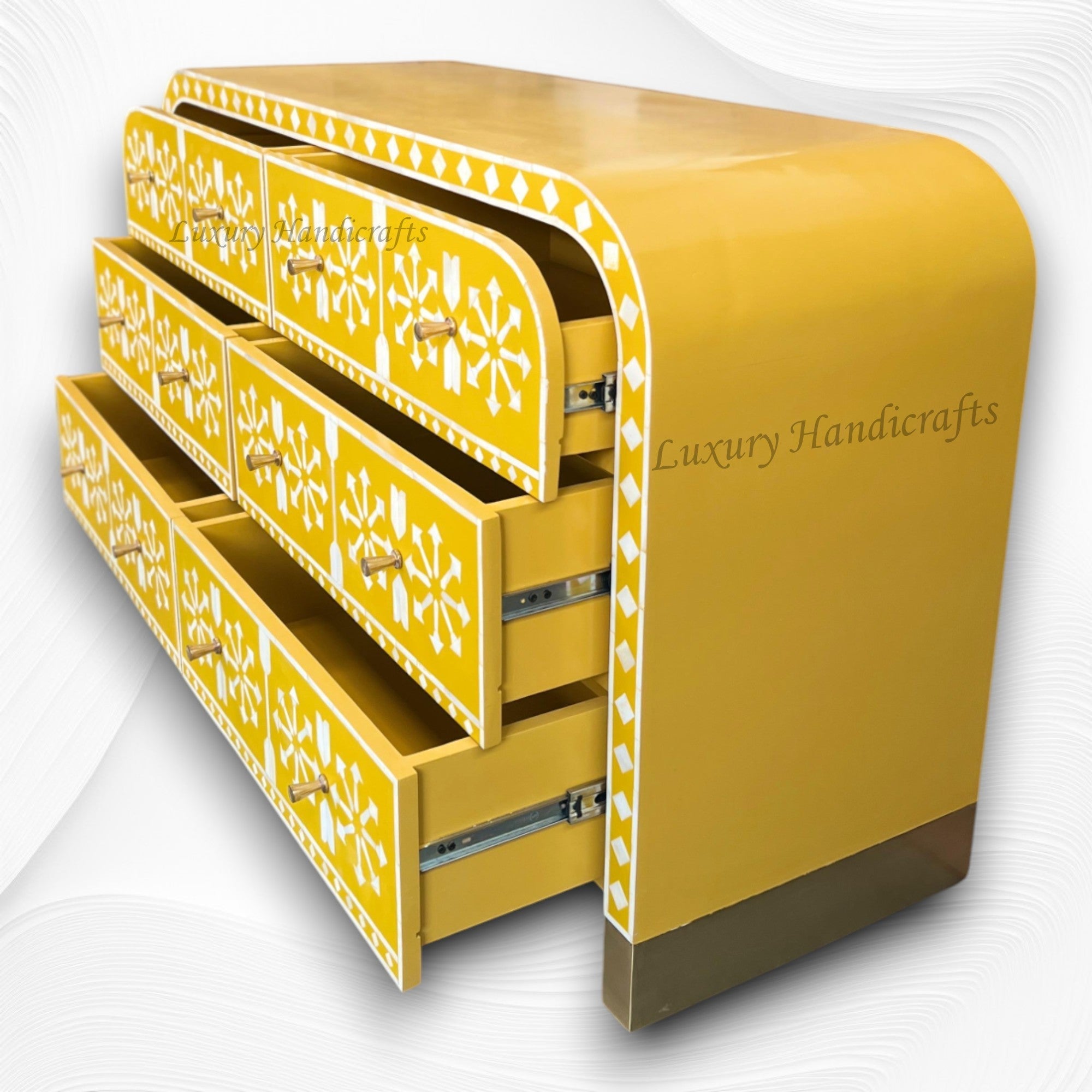 Waterfall Moroccan Bone Inlay 6 Drawer Sideboard Yellow 2