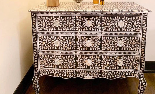 Estelle Mother of Pearl Inlay Curved Dresser 3 Drawers Black