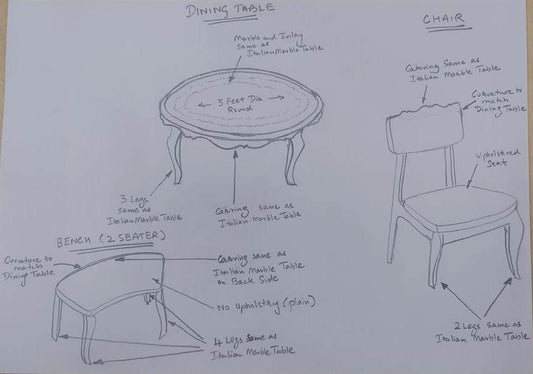 Round Italian Marble Dining Table Gemstone Inlay, Bench and 4 Chairs Set