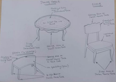 Round Italian Marble Dining Table Gemstone Inlay, Bench and 4 Chairs Set