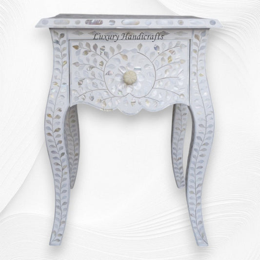 White Mother Of Pearl Inlay French Bedside 1 Drawer Floral Design