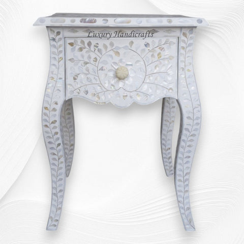White Mother Of Pearl Inlay French Bedside 1 Drawer Floral Design