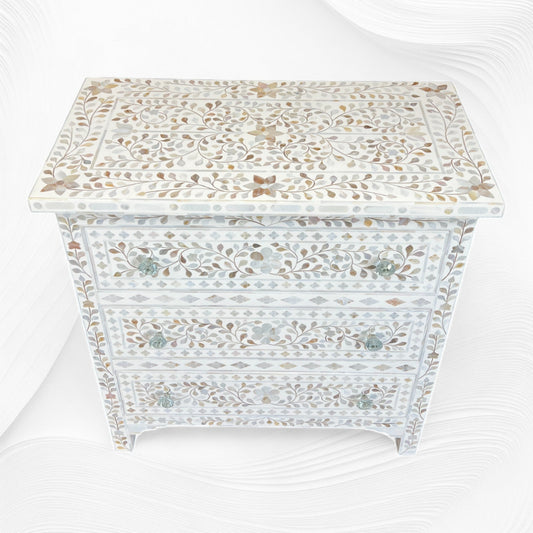 White Mother Of Pearl Inlay 3 Drawer Chest Floral 1