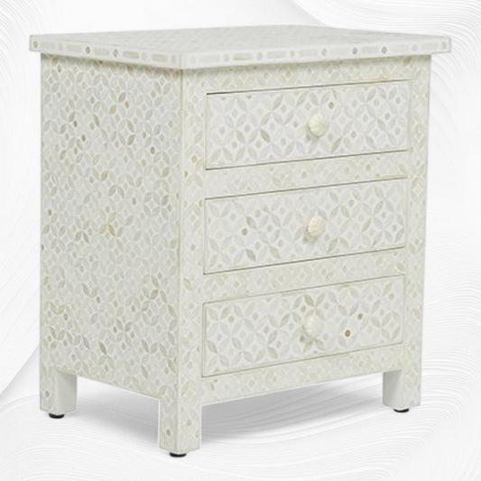 White Bone Inlay 3 Drawer Bedside Geometric