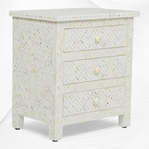 White Bone Inlay 3 Drawer Bedside Geometric