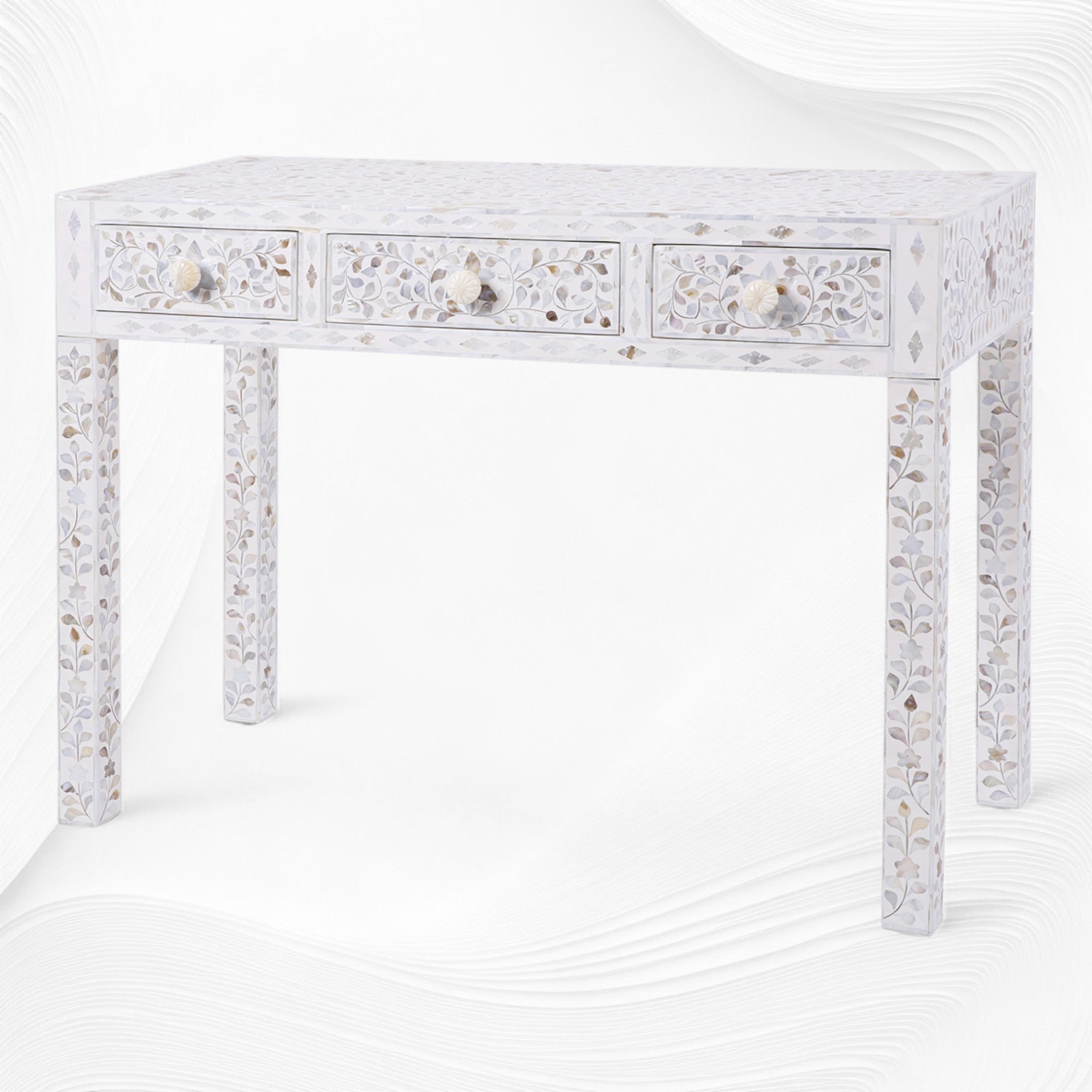 White Mother Of Pearl Inlay Floral 3 Drawer Console Table 4