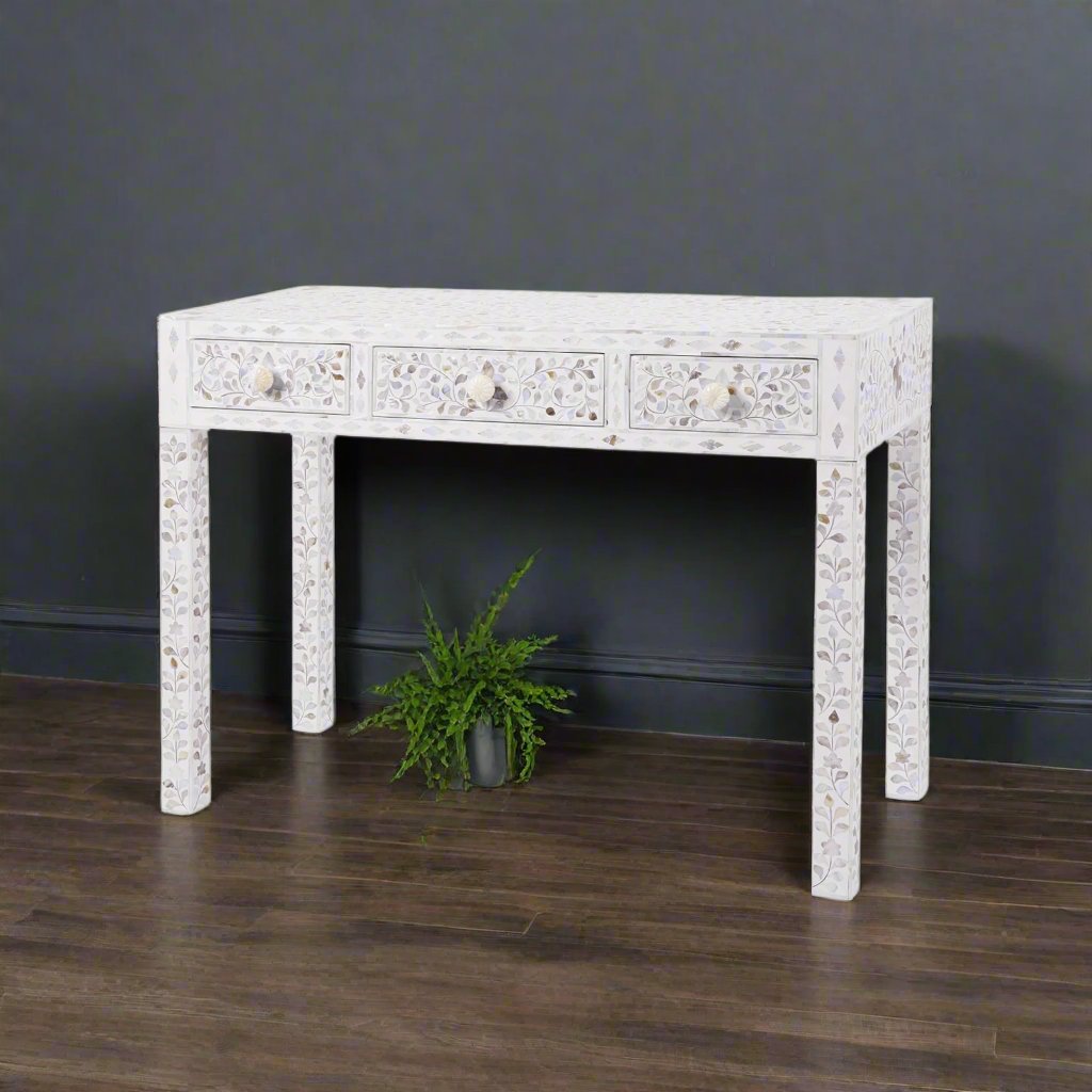 White Mother Of Pearl Inlay Floral 3 Drawer Console Table